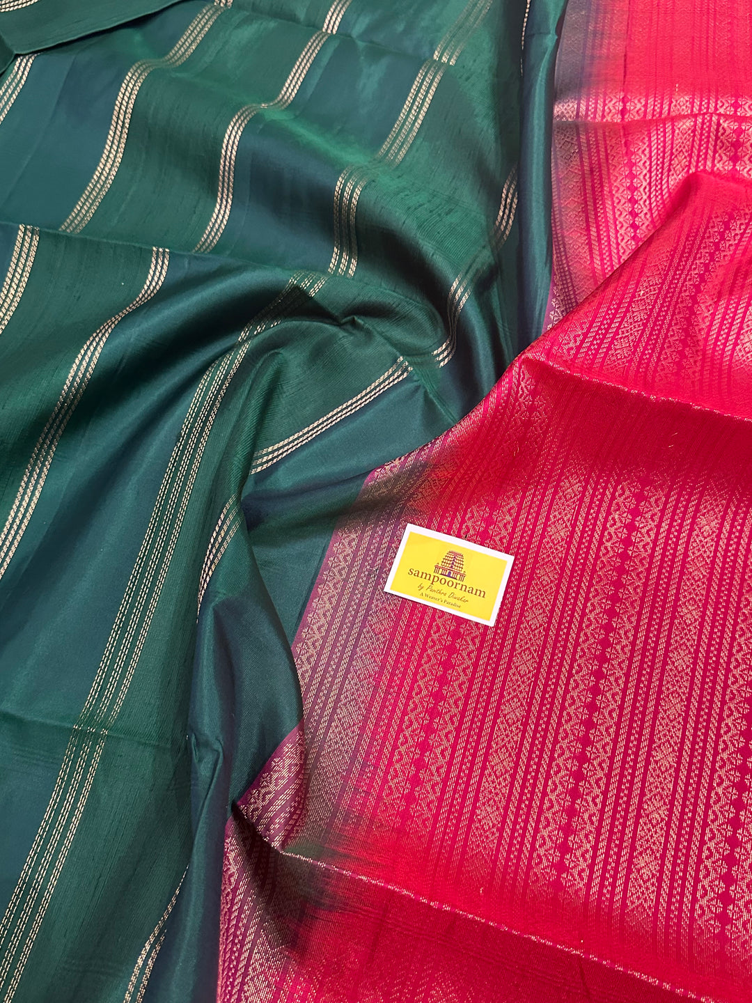 Bottle Green With Red , Vertical Zari Lines and Rich Pallu Pure Soft Silk Saree