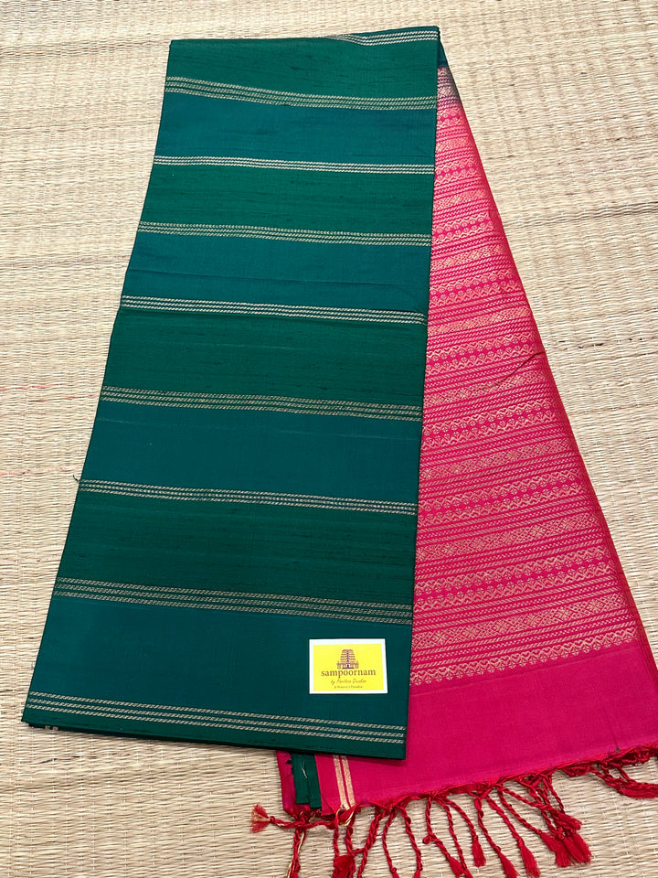 Bottle Green With Red , Vertical Zari Lines and Rich Pallu Pure Soft Silk Saree