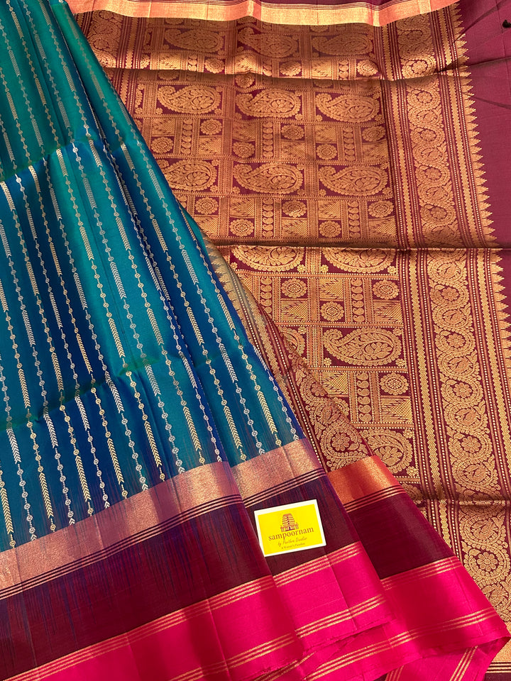 Blue with Triple Border and rich Zari Lines in the Body and Rich Pallu Pure Soft Silk Saree