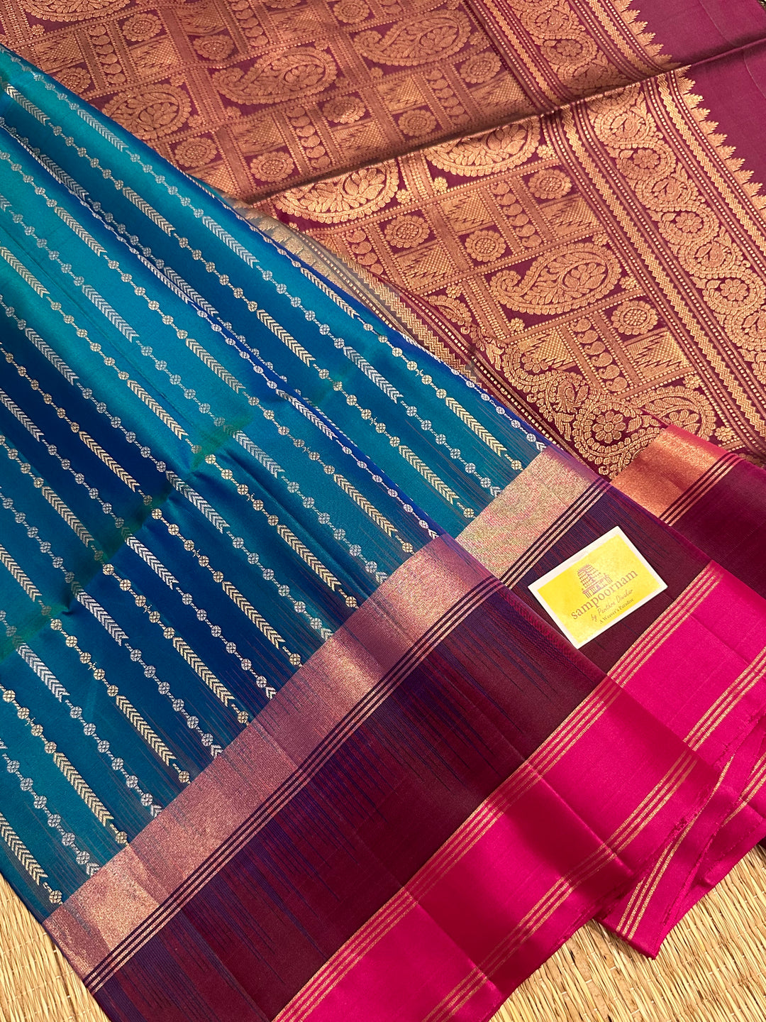 Blue with Triple Border and rich Zari Lines in the Body and Rich Pallu Pure Soft Silk Saree