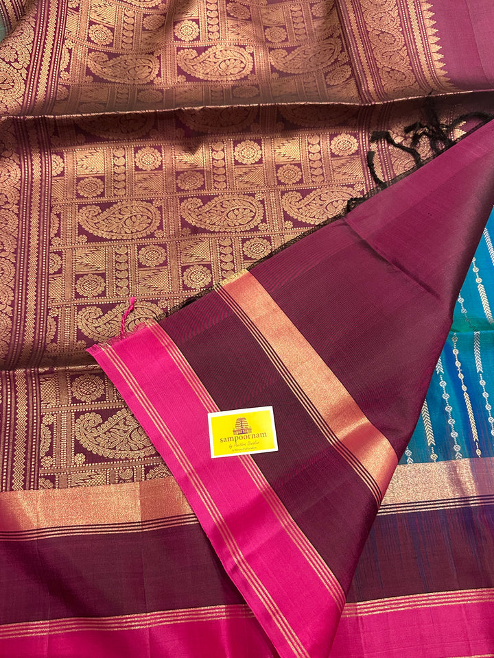 Blue with Triple Border and rich Zari Lines in the Body and Rich Pallu Pure Soft Silk Saree