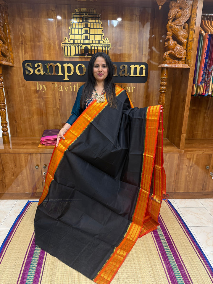 Black with Rust Orange , Traditional Borders with Rich Pallu Korvai Silk Cotton Saree