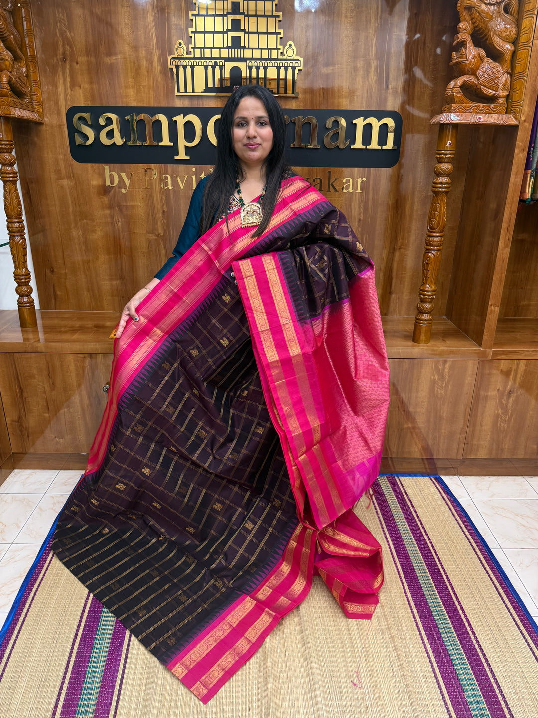 Brown with Magenta , Zari Checks with Mayil and Chakram rich Butta  in the body and rettapet border , rich Pallu Korvai Silk Cotton Saree