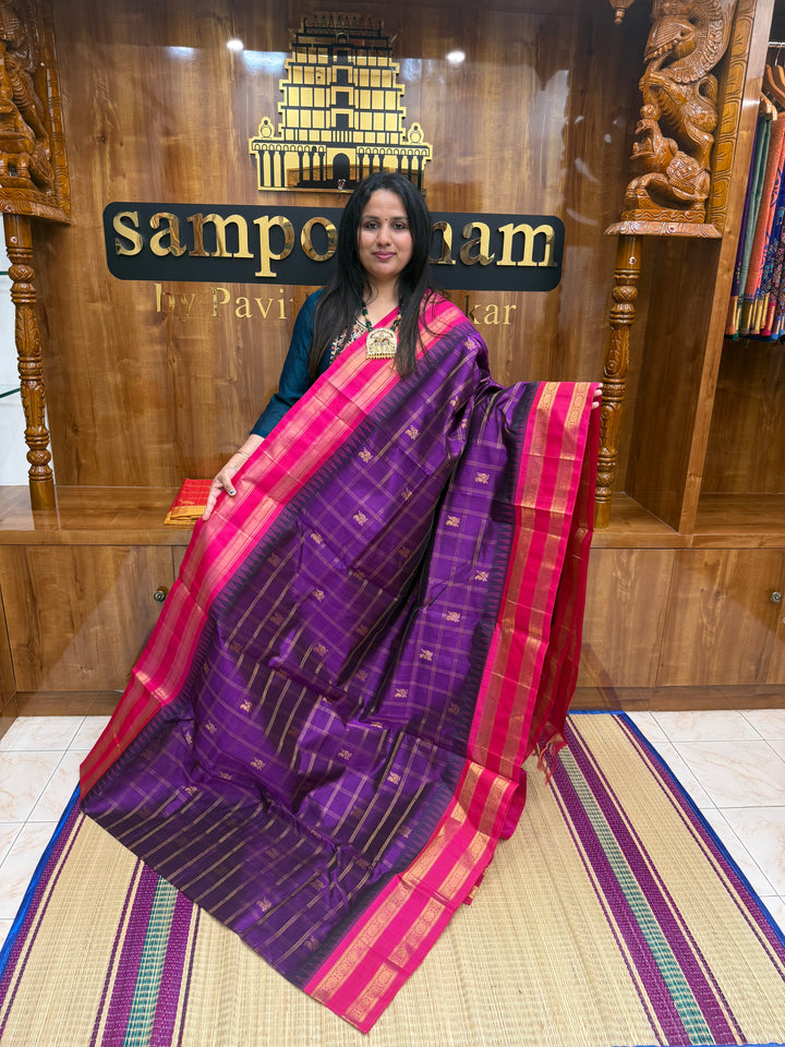 Vadamalli with Magenta , Zari Checks with Mayil and Chakram rich Butta  in the body and rettapet border , rich Pallu Korvai Silk Cotton Saree