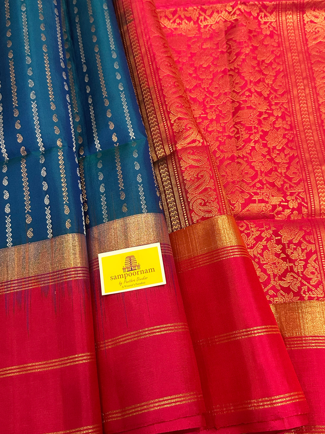 Blue with Magenta Triple Border, Rich Zari and Zari Motif in the Body and Rich Pallu Pure Soft Silk Saree