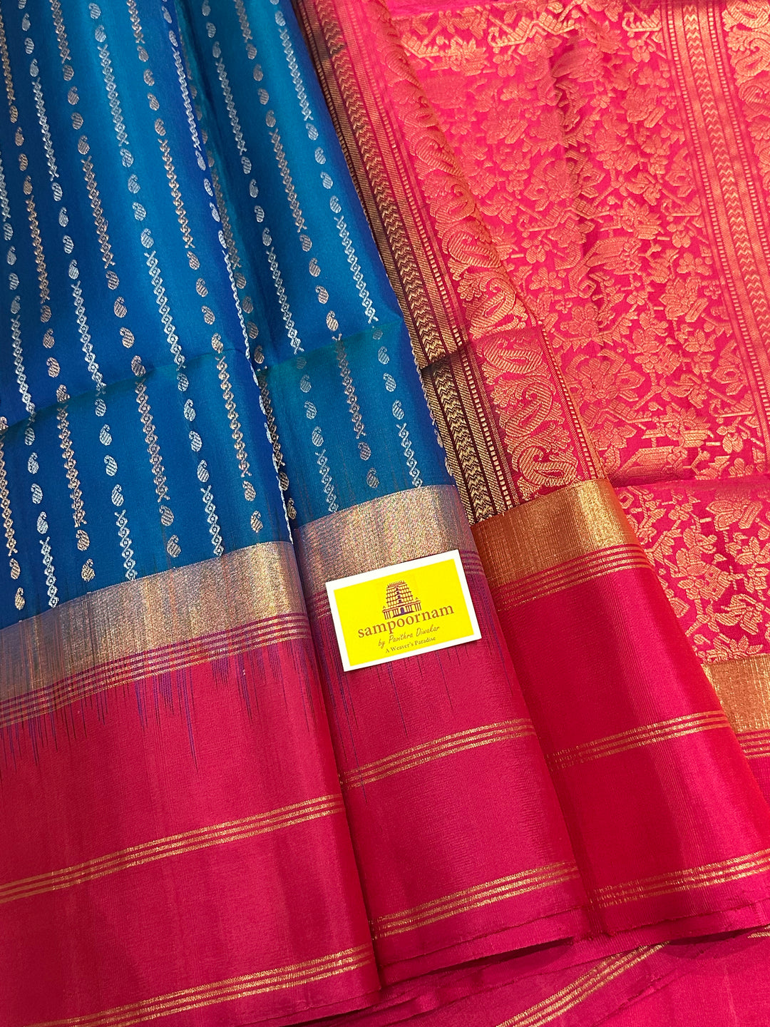 Blue with Magenta Triple Border, Rich Zari and Zari Motif in the Body and Rich Pallu Pure Soft Silk Saree