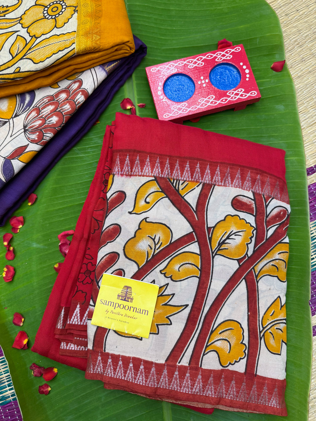 Red , Kalamkari Prints in One Side border , Pallu and Blouse , Chennuri Silk Saree