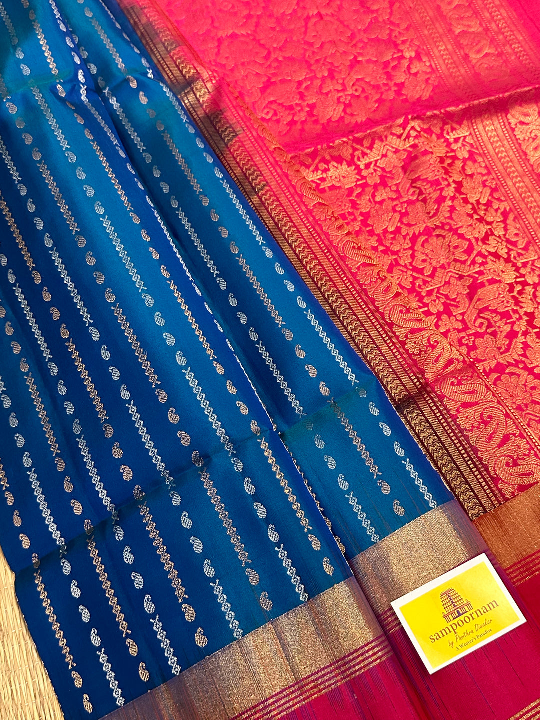 Blue with Magenta Triple Border, Rich Zari and Zari Motif in the Body and Rich Pallu Pure Soft Silk Saree