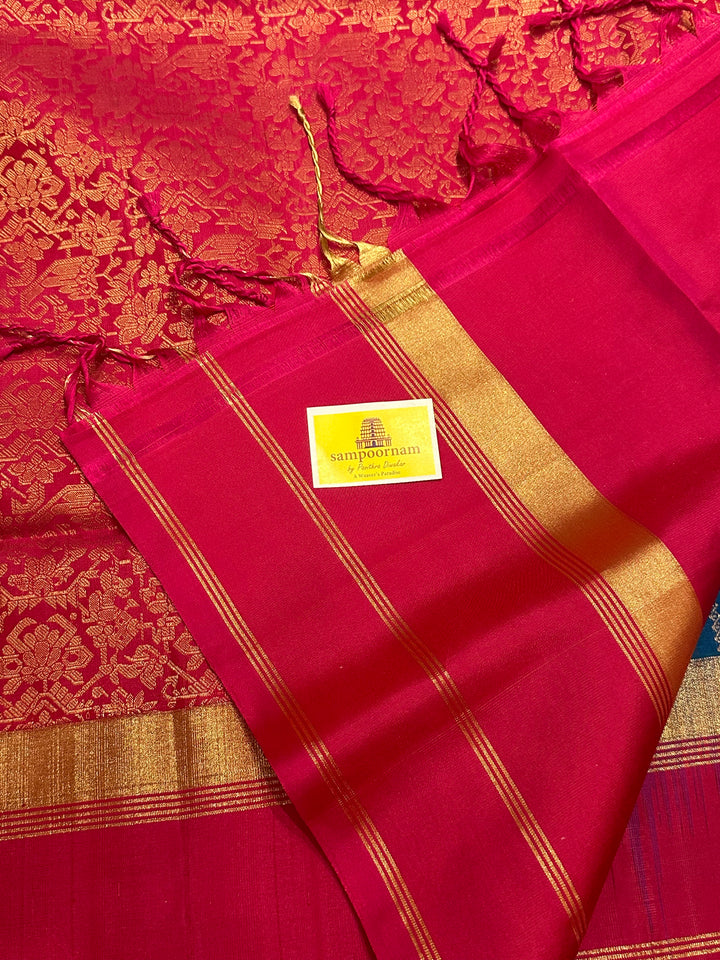 Blue with Magenta Triple Border, Rich Zari and Zari Motif in the Body and Rich Pallu Pure Soft Silk Saree