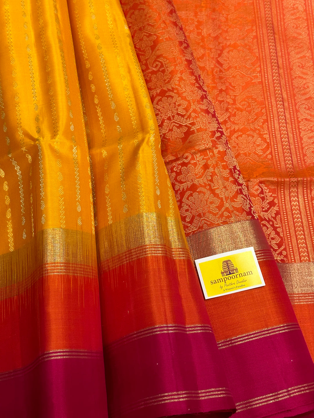 Yellow with Orange Triple Border , Rich Zari In the Body and Rich Pallu Pure Soft Silk Saree