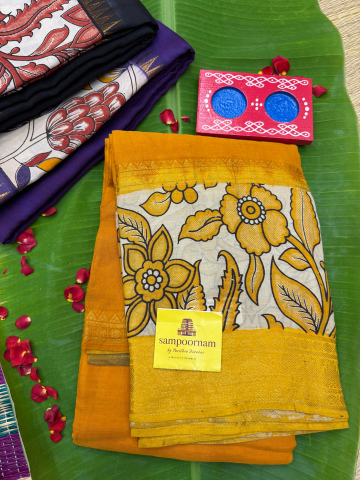 Yellow , Kalamkari Prints in One Side border , Pallu and Blouse , Chennuri Silk Saree