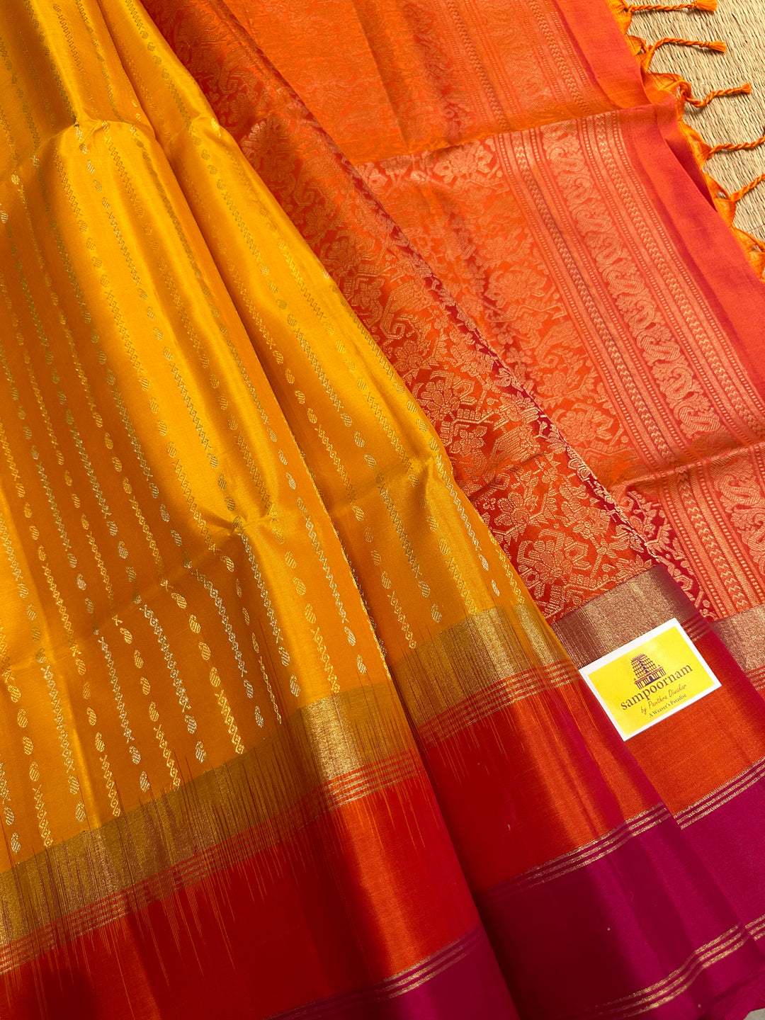 Yellow with Orange Triple Border , Rich Zari In the Body and Rich Pallu Pure Soft Silk Saree