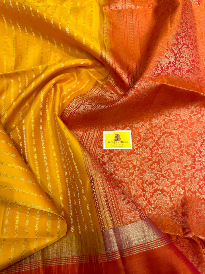 Yellow with Orange Triple Border , Rich Zari In the Body and Rich Pallu Pure Soft Silk Saree