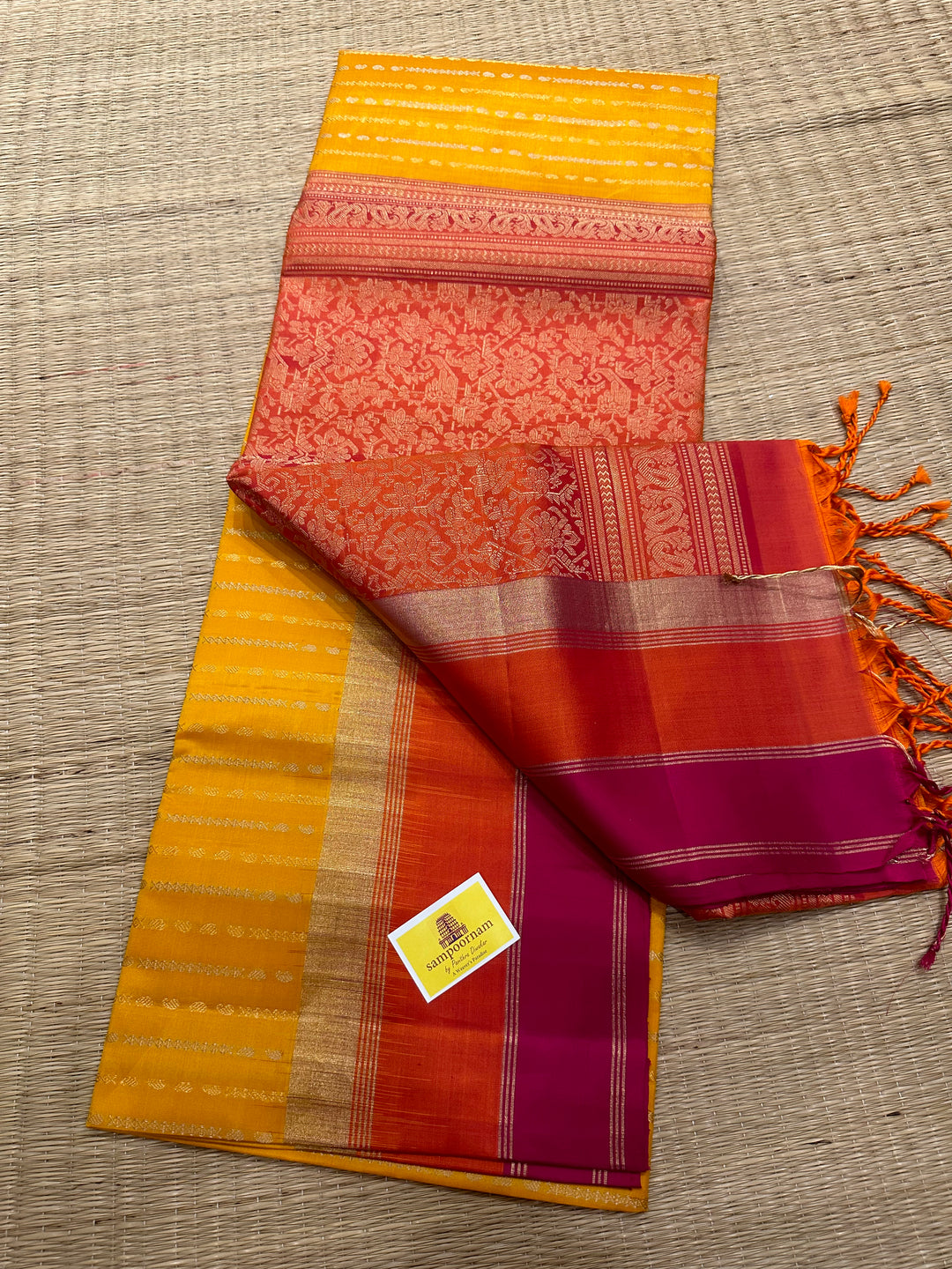 Yellow with Orange Triple Border , Rich Zari In the Body and Rich Pallu Pure Soft Silk Saree