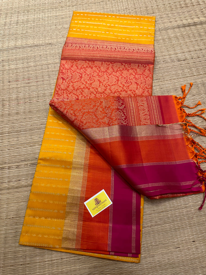 Yellow with Orange Triple Border , Rich Zari In the Body and Rich Pallu Pure Soft Silk Saree