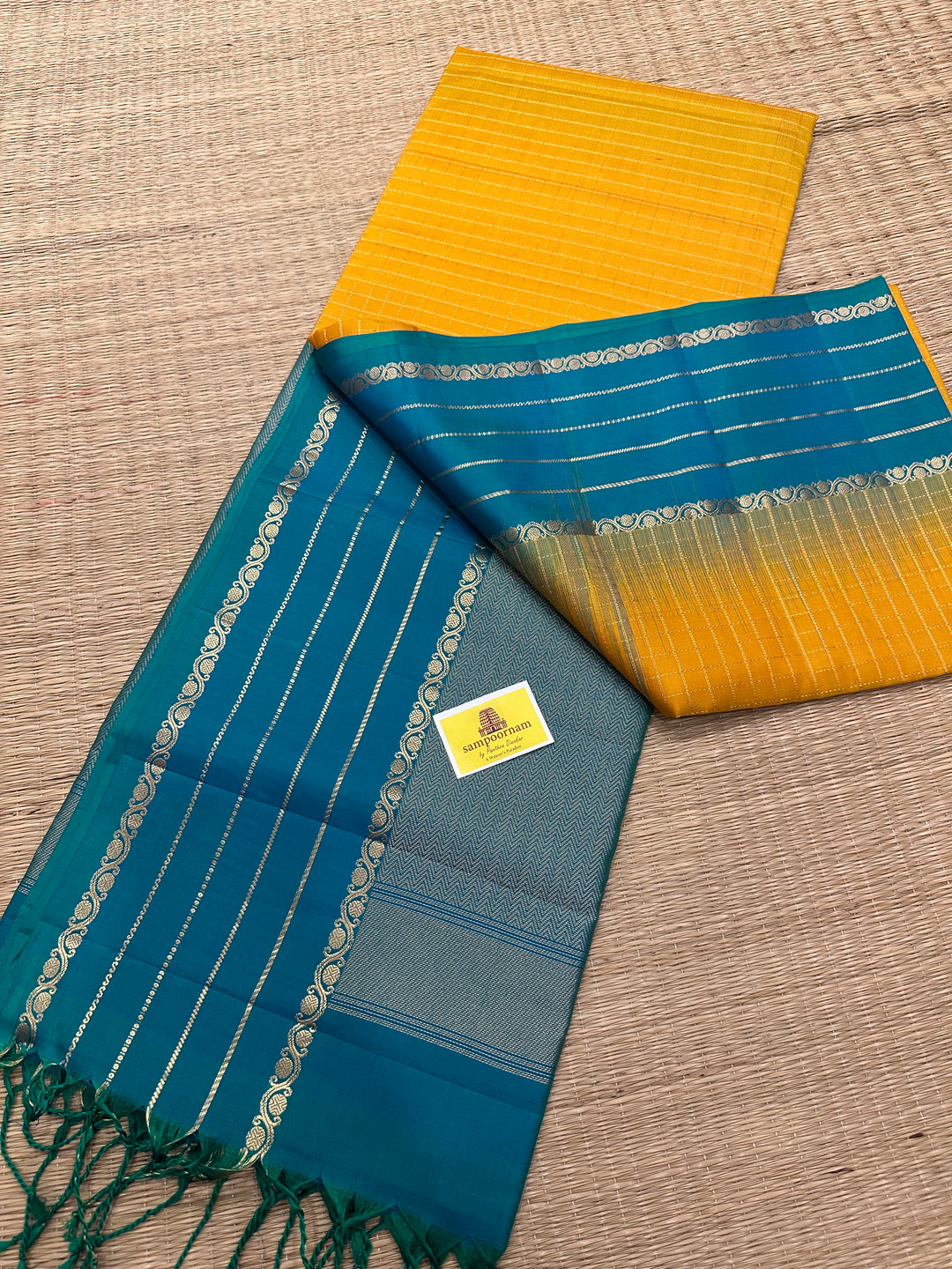 Yellow with Truquoise Blue, Rich Zari Kattam in The Body and Rettapet Border with Rich Pallu Pure Soft Silk Saree