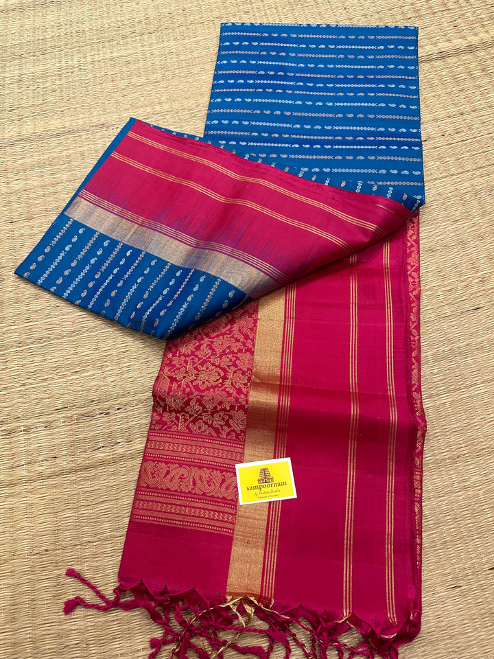 Blue with Magenta Triple Border, Rich Zari and Zari Motif in the Body and Rich Pallu Pure Soft Silk Saree