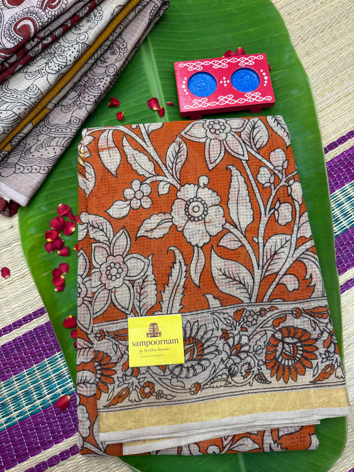 Orange  Kalamkari Prints in the body and Pallu Pure Kota Cotton Saree