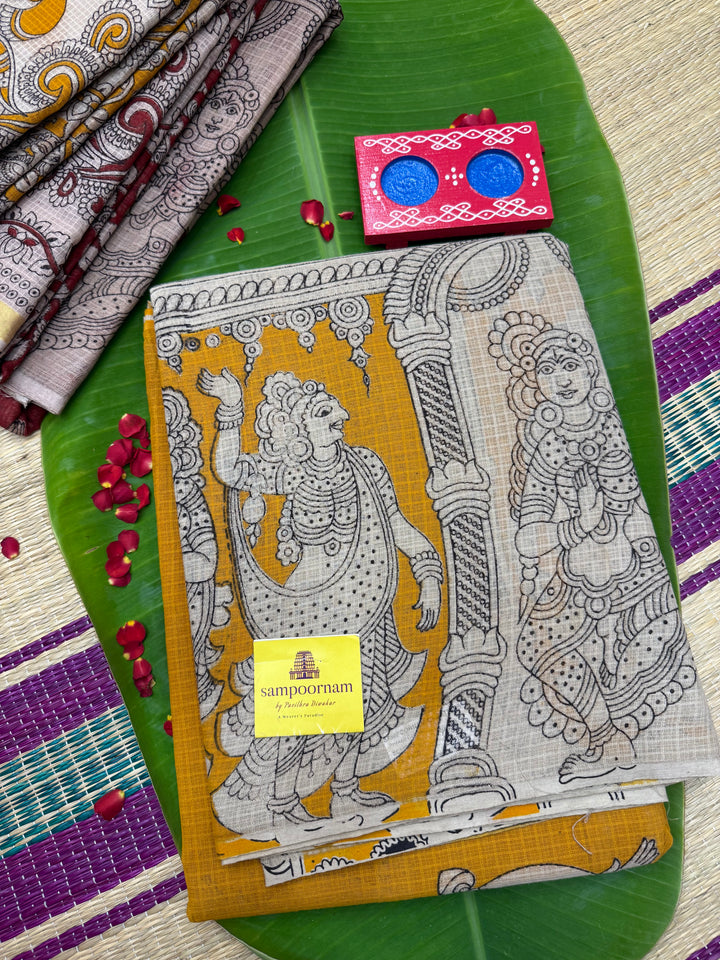 Yellow  Kalamkari Prints in the body and Pallu Pure Kota Cotton Saree