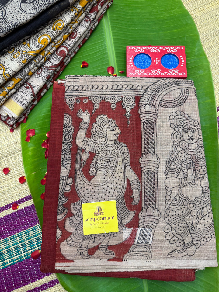 Red  Kalamkari Prints in the body and Pallu Pure Kota Cotton Saree