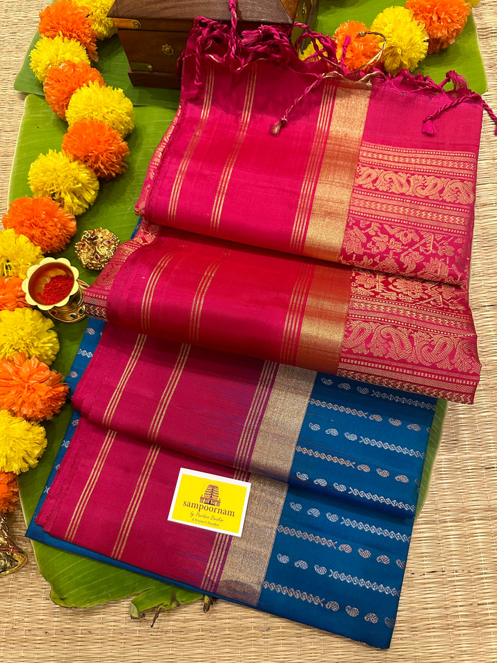 Blue with Magenta Triple Border, Rich Zari and Zari Motif in the Body and Rich Pallu Pure Soft Silk Saree