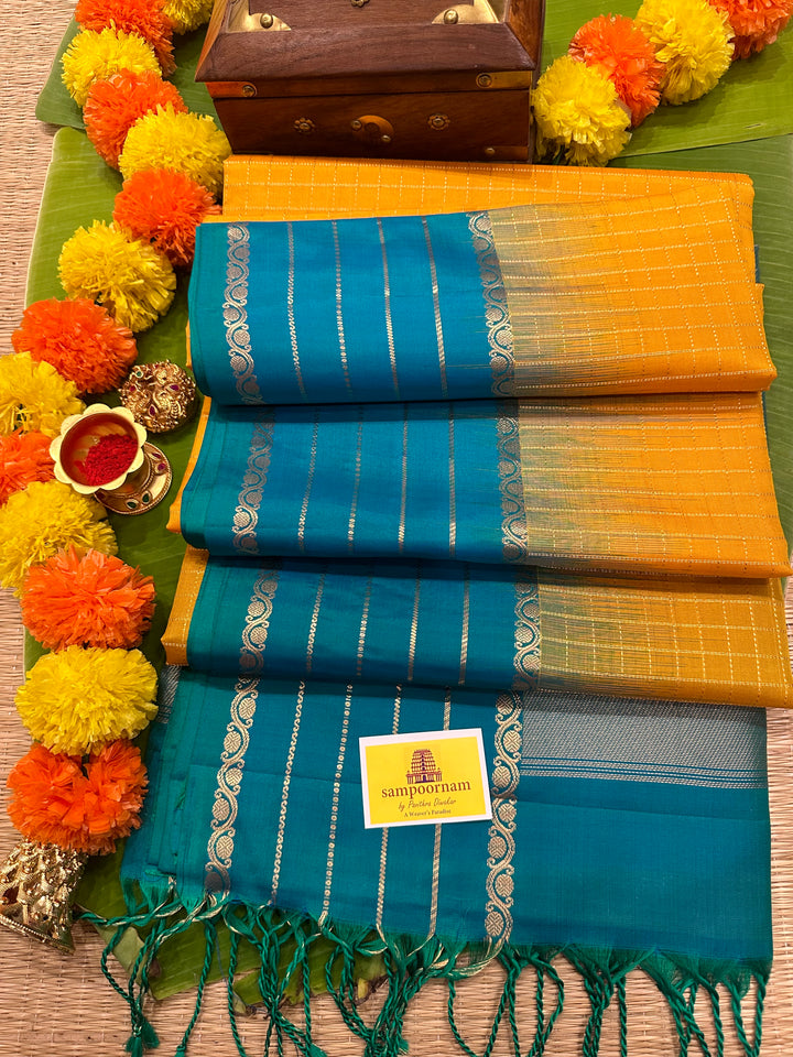 Yellow with Truquoise Blue, Rich Zari Kattam in The Body and Rettapet Border with Rich Pallu Pure Soft Silk Saree