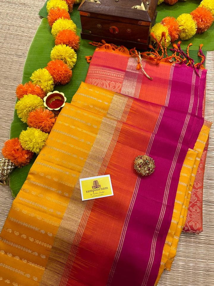 Yellow with Orange Triple Border , Rich Zari In the Body and Rich Pallu Pure Soft Silk Saree