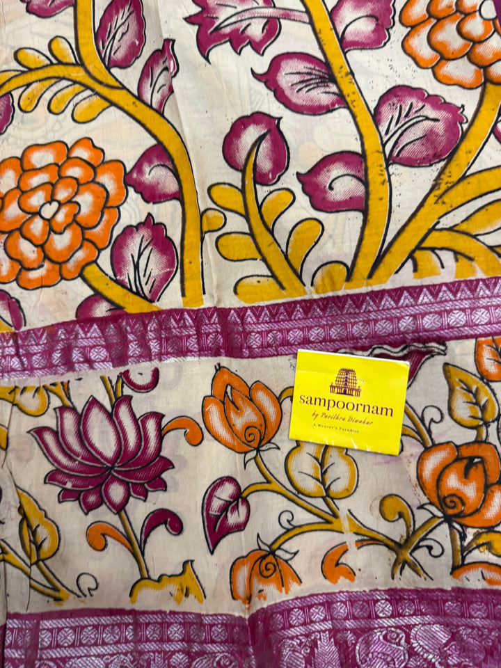 Dusty Pink , Kalamkari Prints in One Side border , Pallu and Blouse , Chennuri Silk Saree