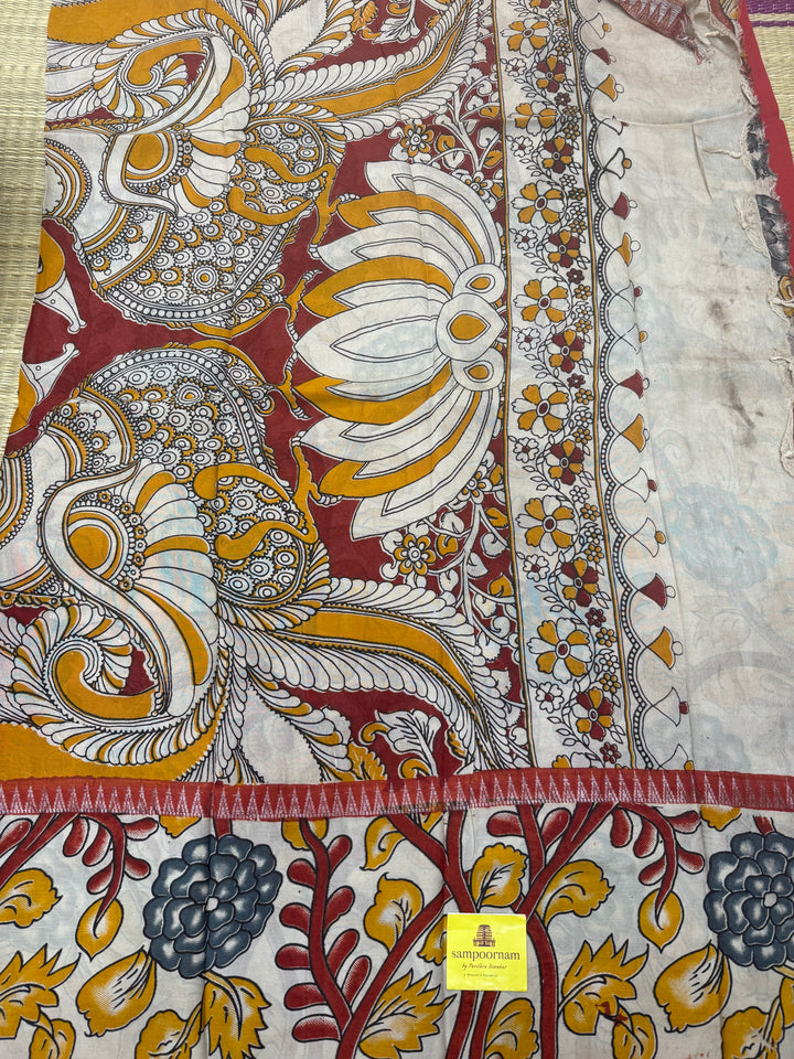 Red , Kalamkari Prints in One Side border , Pallu and Blouse , Chennuri Silk Saree
