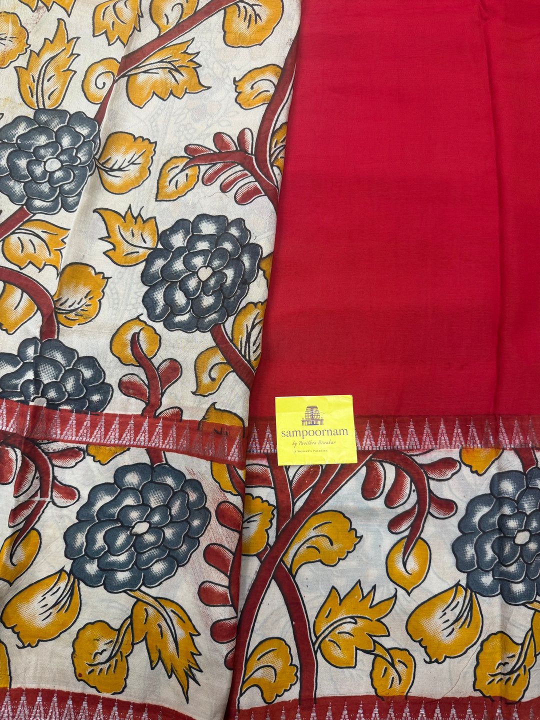 Red , Kalamkari Prints in One Side border , Pallu and Blouse , Chennuri Silk Saree