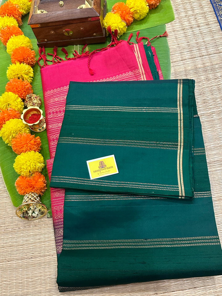 Bottle Green With Red , Vertical Zari Lines and Rich Pallu Pure Soft Silk Saree