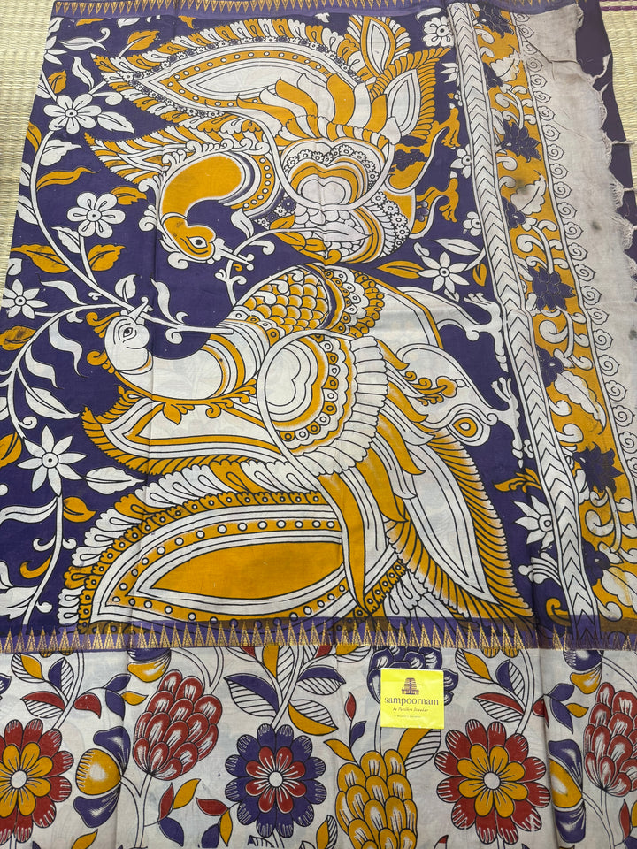 Violet , Kalamkari Prints in One Side border , Pallu and Blouse , Chennuri Silk Saree