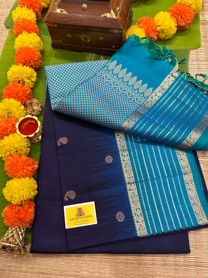 Dark Blue with Light Blue, Zari Butta in the Body, Border Zari Lines and Rich Pallu , Pure Soft Silk Saree