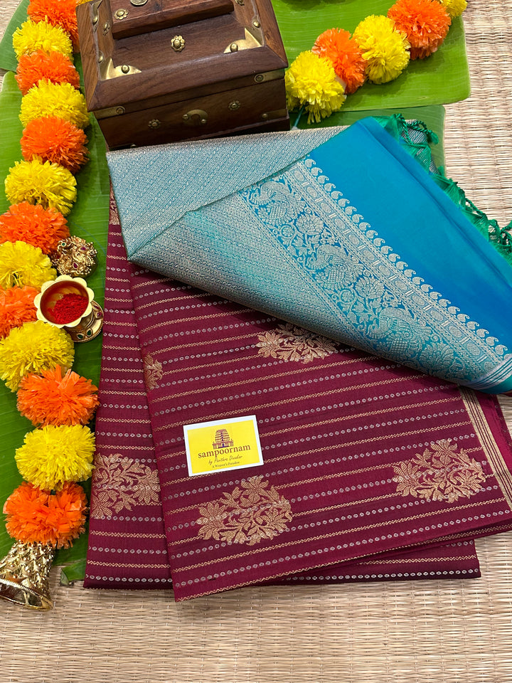 Dark Maroon with Turquoise Blue Rich Body with Zari Butta and Rich Pallu Pure Soft Silk Saree