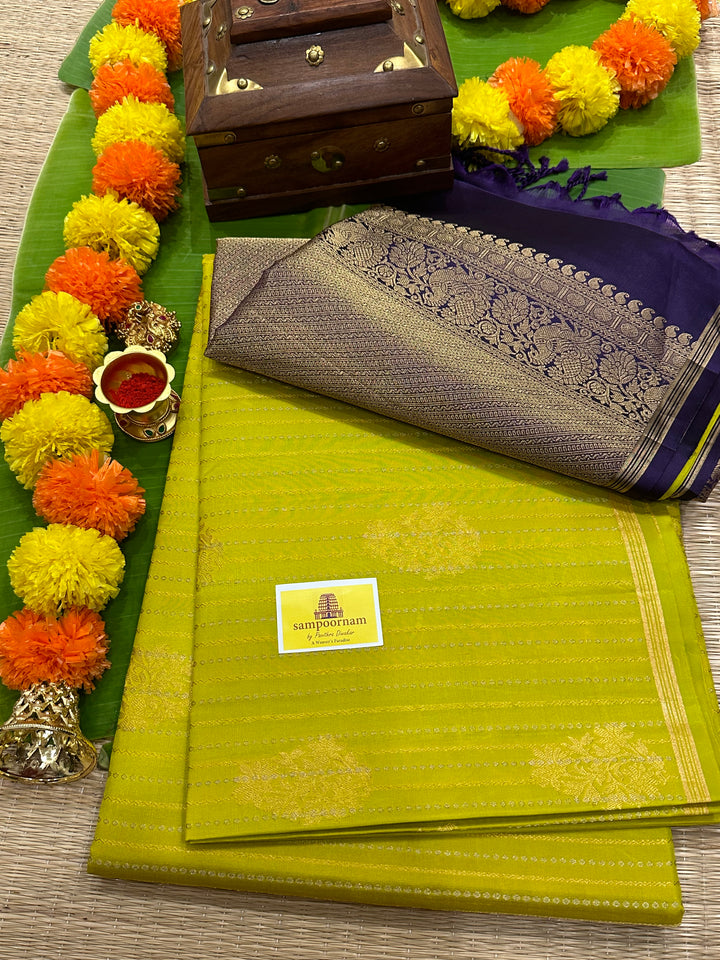 Lemon Yellow with Purple Rich Body with Silver and Gold Zari Lines and Rich Zari Butta with A Grand Pallu Pure Soft Silk Saree