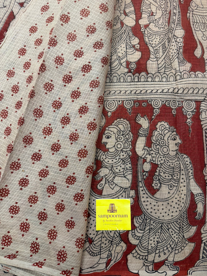 Red  Kalamkari Prints in the body and Pallu Pure Kota Cotton Saree