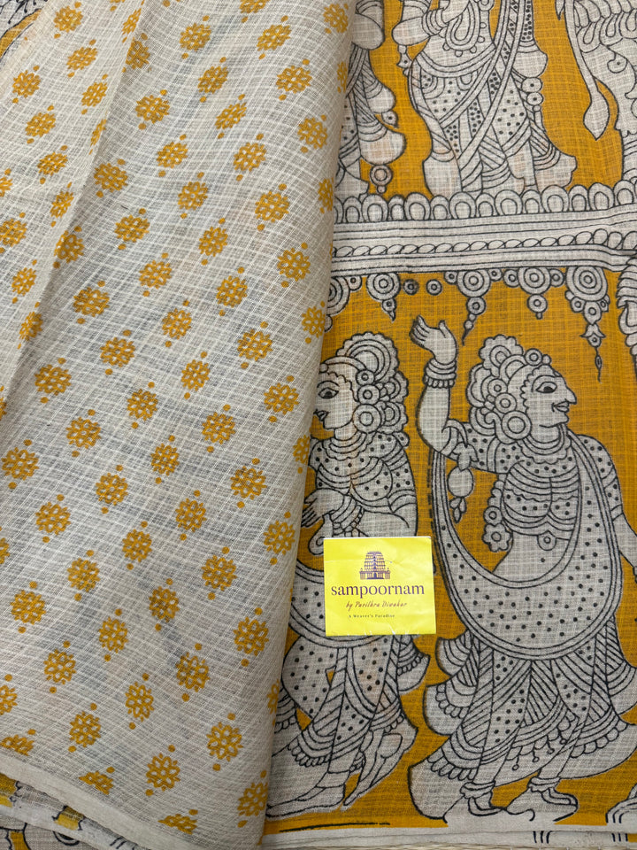 Yellow  Kalamkari Prints in the body and Pallu Pure Kota Cotton Saree