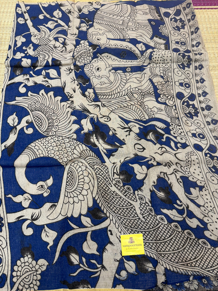 Blue Kalamkari Prints in the body and Pallu Pure Kota Cotton Saree