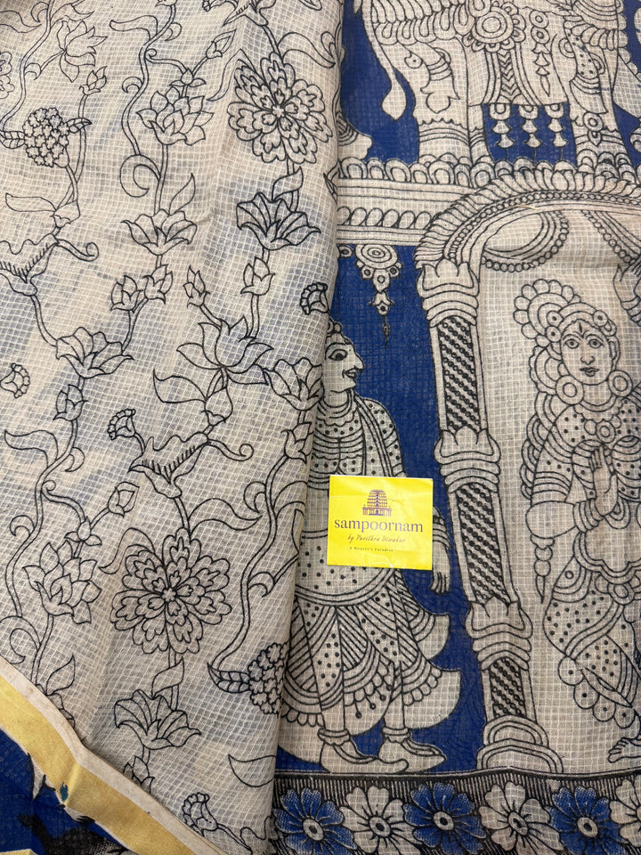 Blue Kalamkari Prints in the body and Pallu Pure Kota Cotton Saree