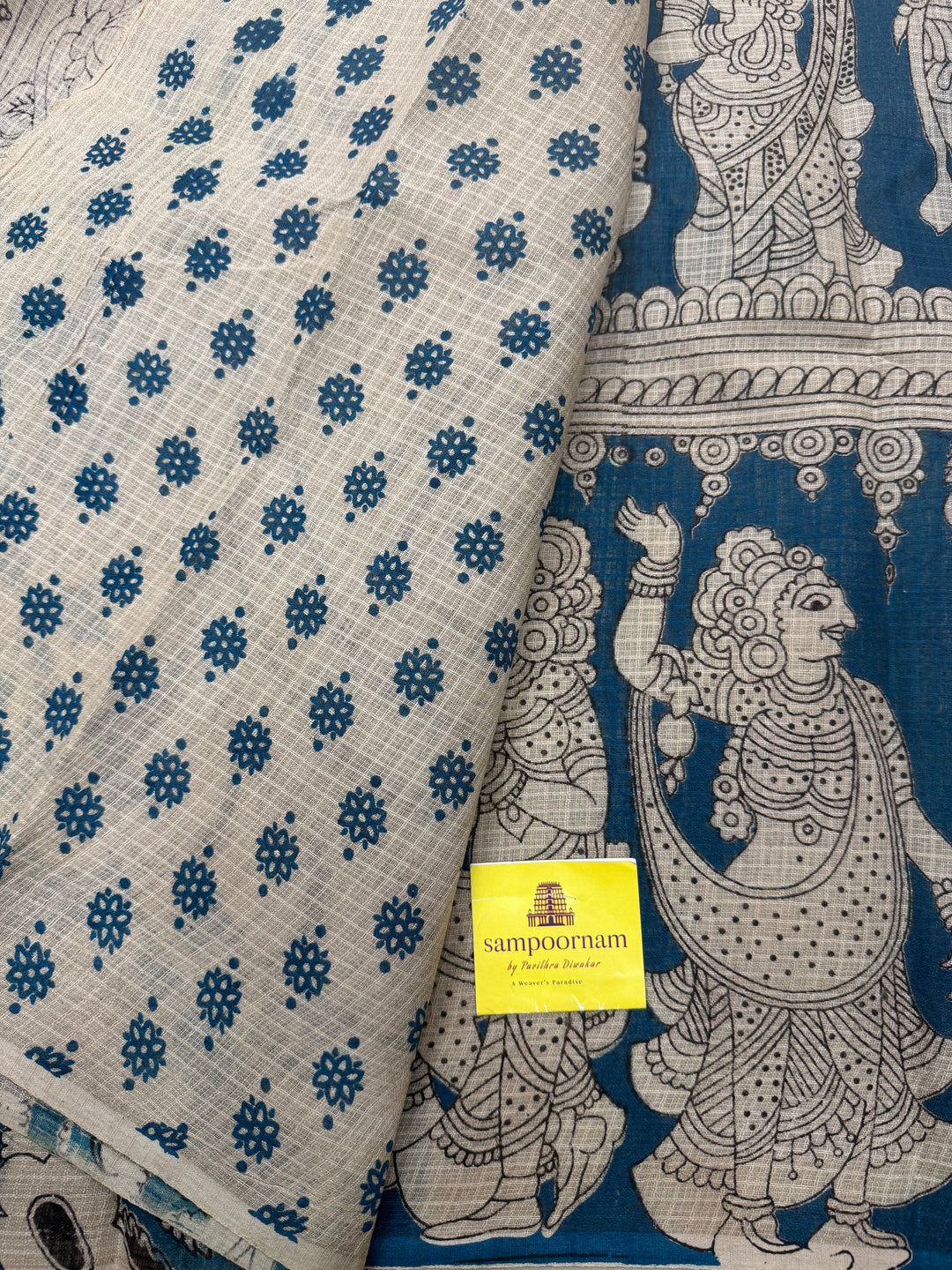 Teel Blue  Kalamkari Prints in the body and Pallu Pure Kota Cotton Saree