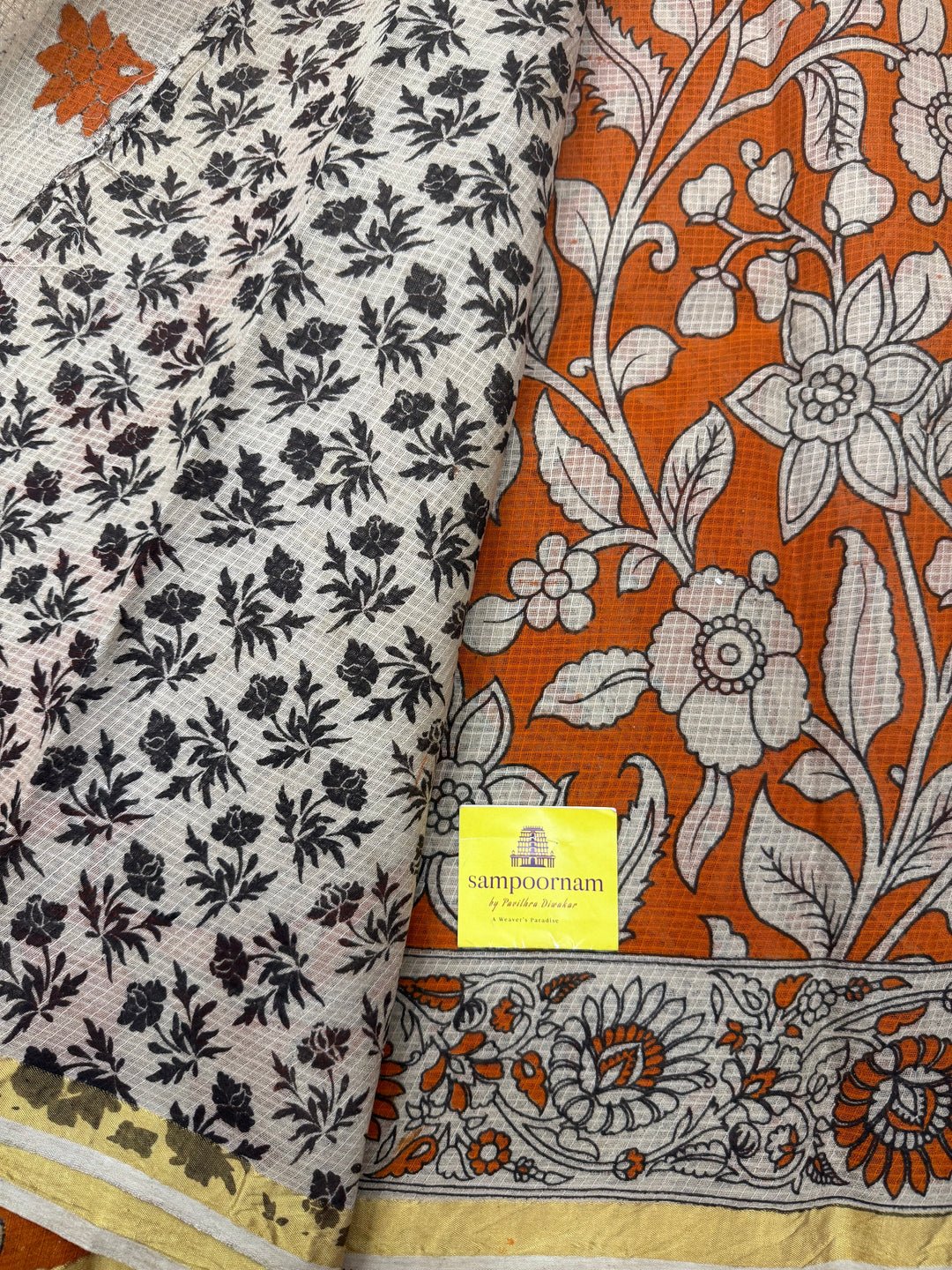 Orange  Kalamkari Prints in the body and Pallu Pure Kota Cotton Saree