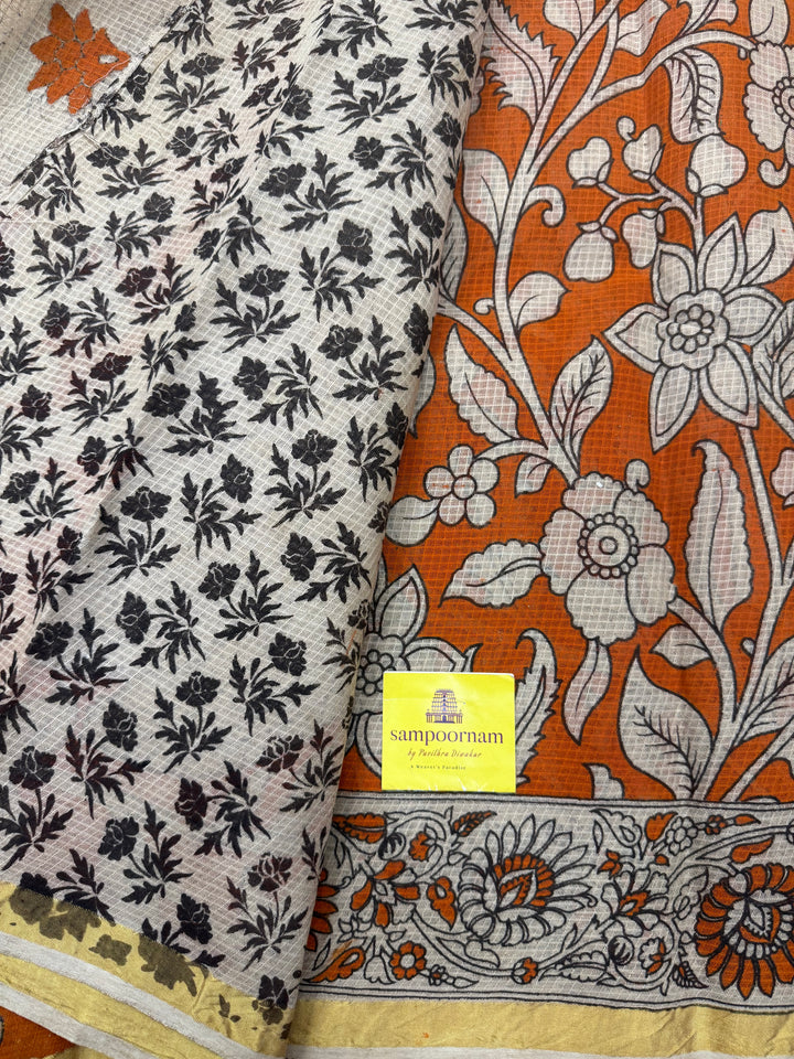 Orange  Kalamkari Prints in the body and Pallu Pure Kota Cotton Saree