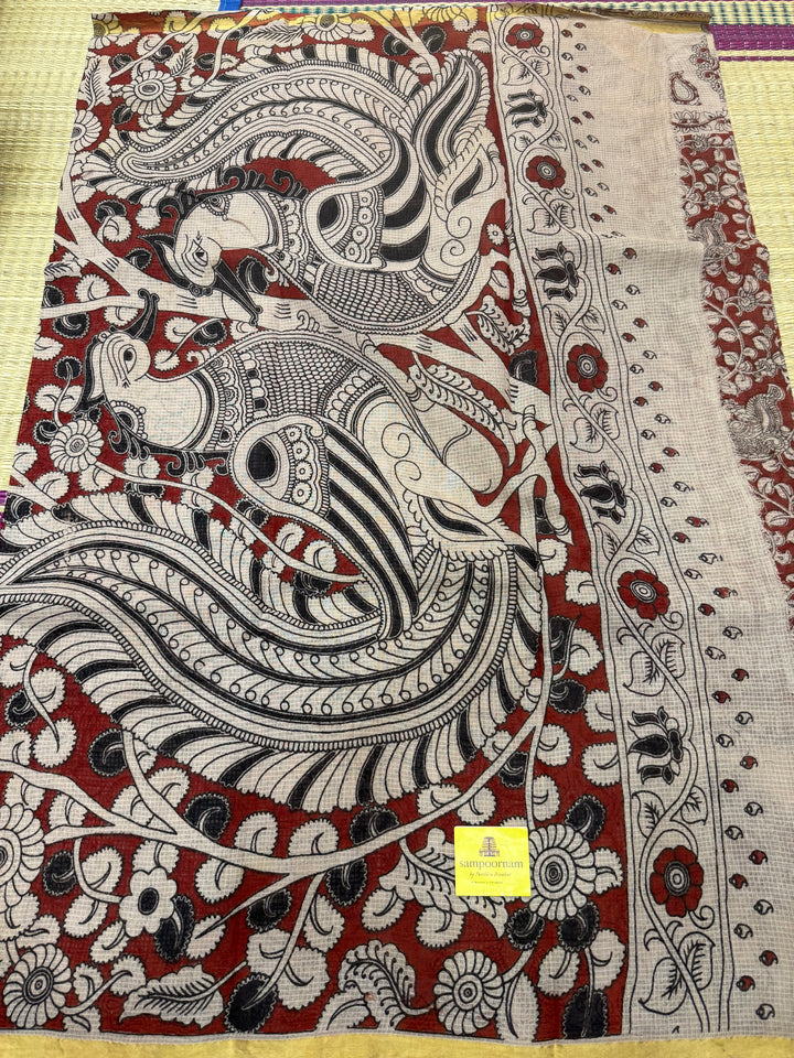 Red  Kalamkari Prints in the body and Pallu Pure Kota Cotton Saree