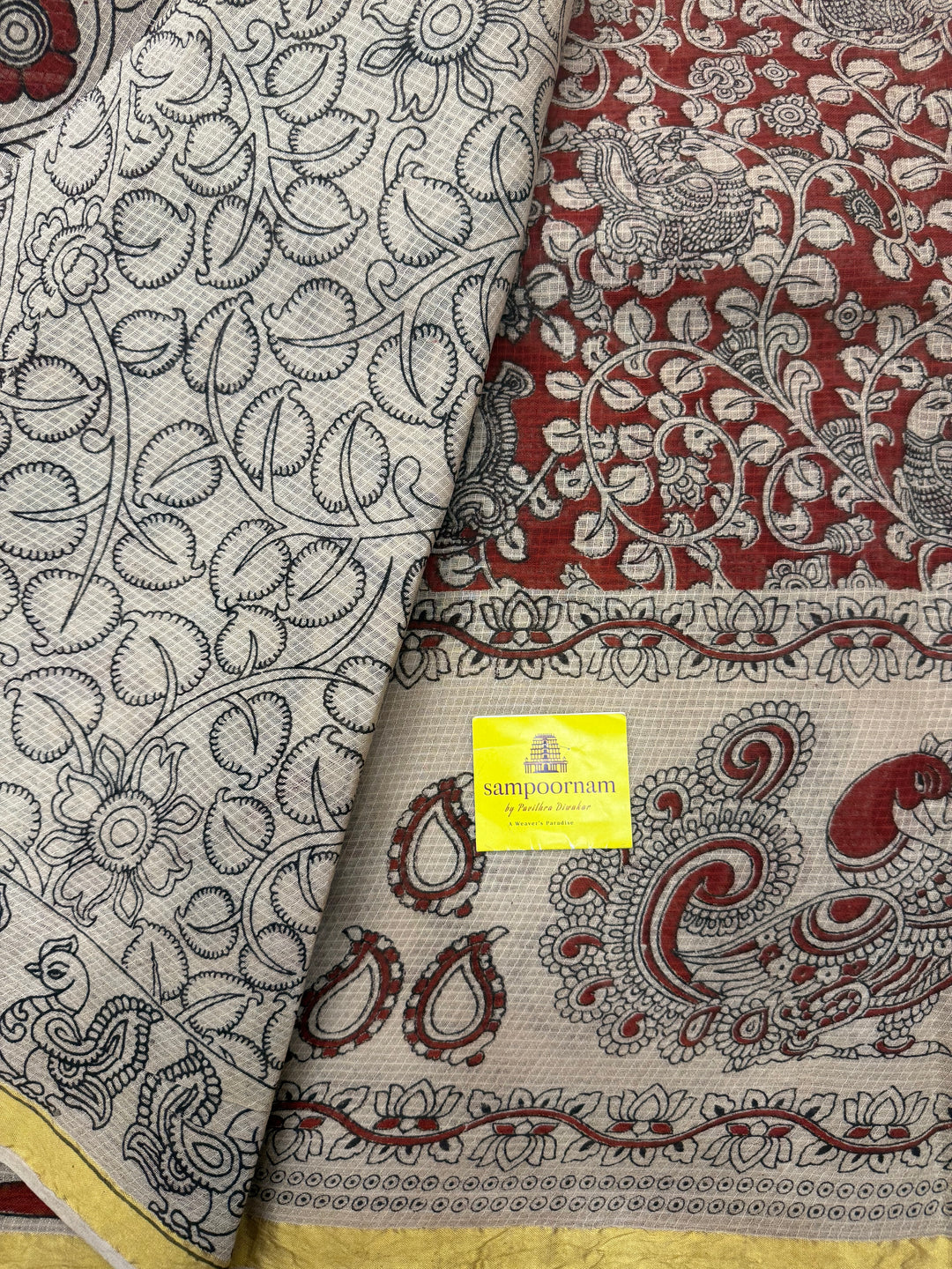 Red  Kalamkari Prints in the body and Pallu Pure Kota Cotton Saree