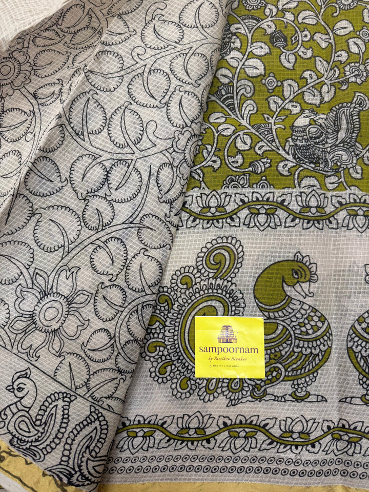 Green Kalamkari Prints in the body and Pallu Pure Kota Cotton Saree