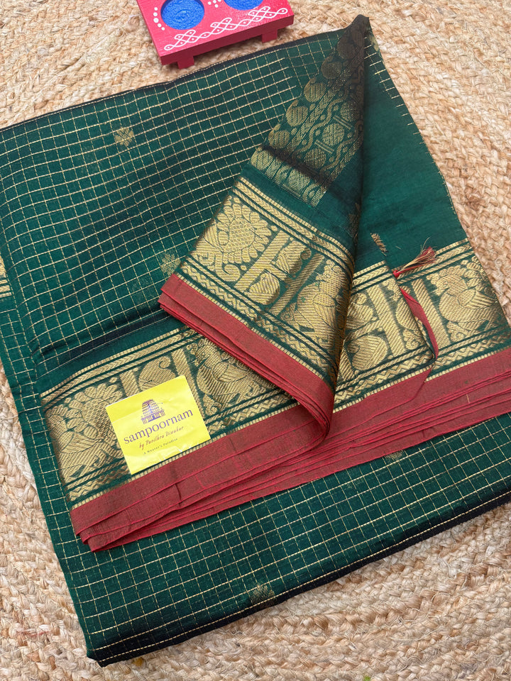 Green  , Zari Podi Kattam in the body , Traditional Borders and Rich Pallu Semi Silk Cotton Saree