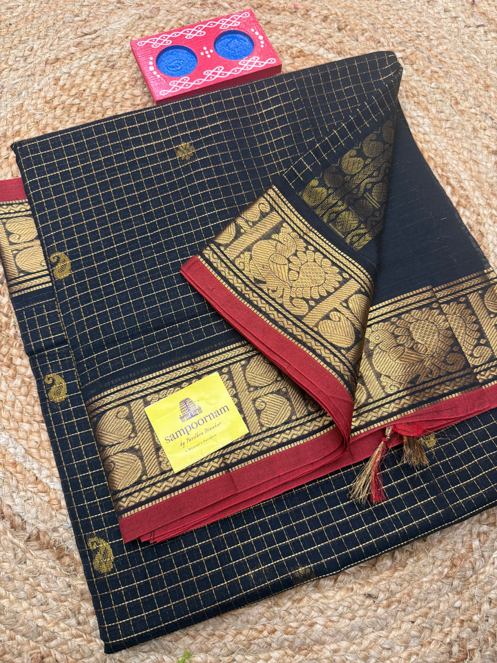 Black , Zari Podi Kattam in the body , Traditional Borders and Rich Pallu Semi Silk Cotton Saree