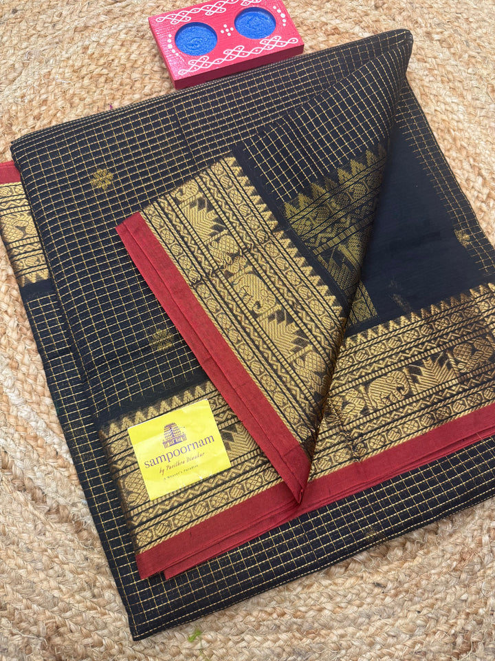 Black , Zari Podi Kattam in the body , Traditional Borders and Rich Pallu Semi Silk Cotton Saree