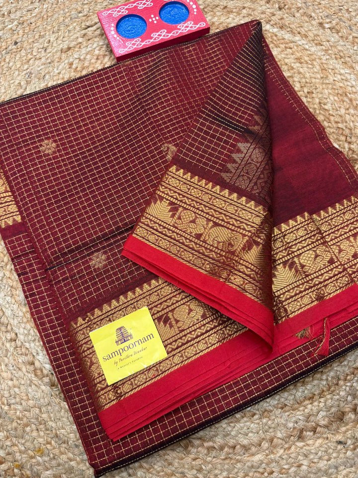 Red , Zari Podi Kattam in the body , Traditional Borders and Rich Pallu Semi Silk Cotton Saree