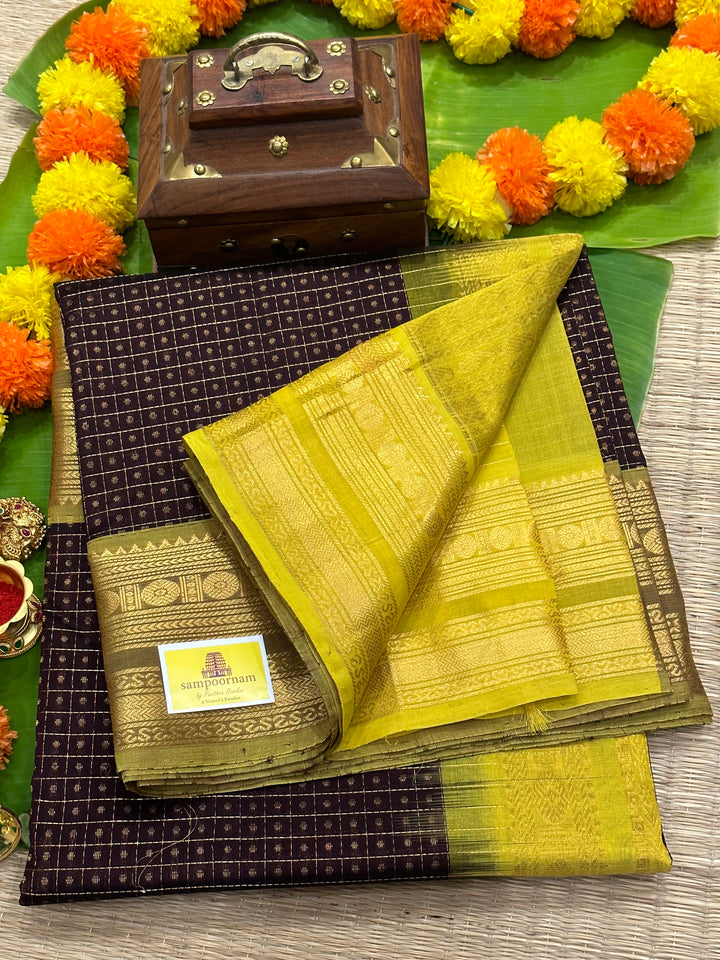 Brown with Lemon Yellow Zari Lakshadeepam Silk Cotton Saree